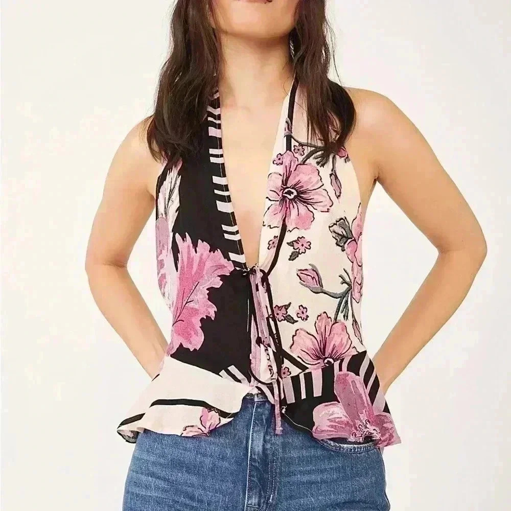 Free People‎ hot tropics floral tie front tank top Medium